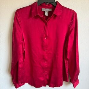 Norton McNaughton Red 100% Silk Button Down Blouse Womens 10P Holiday Shiny Soft